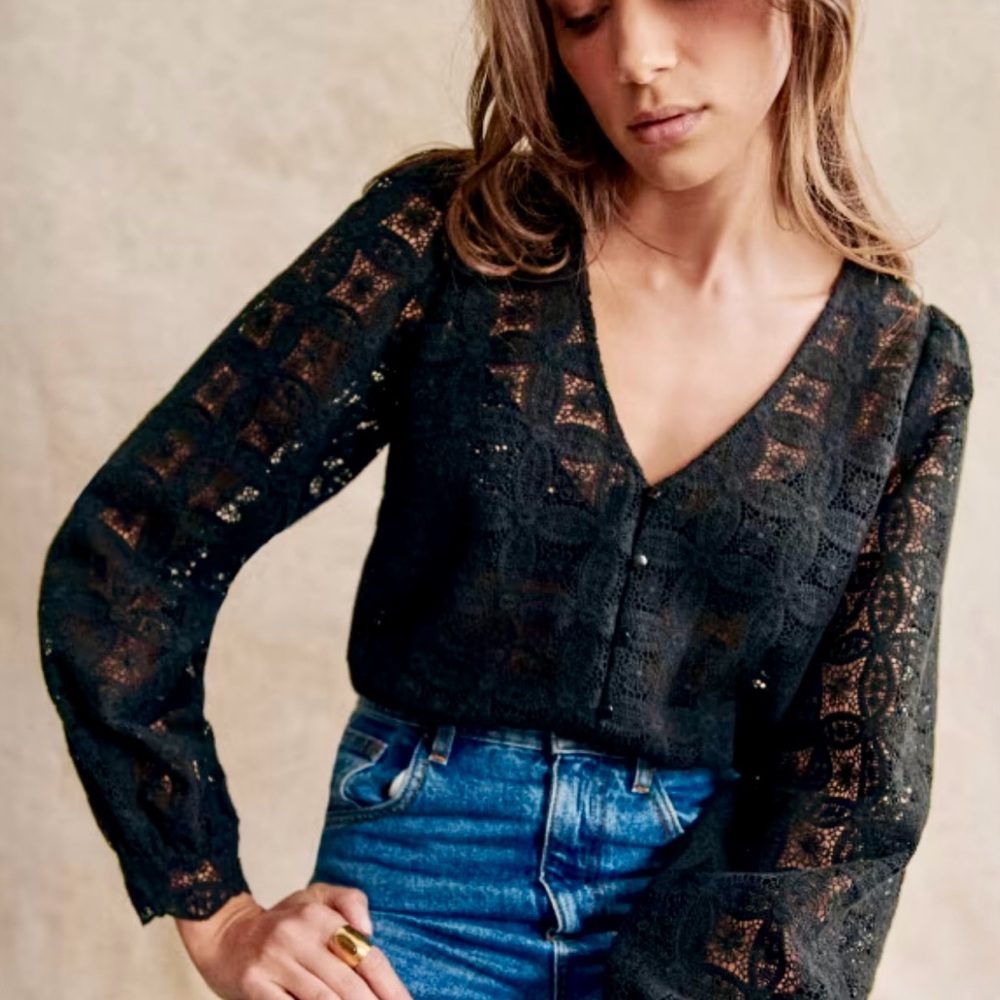 Sezane Black Sheer Lace Gaya Blouse